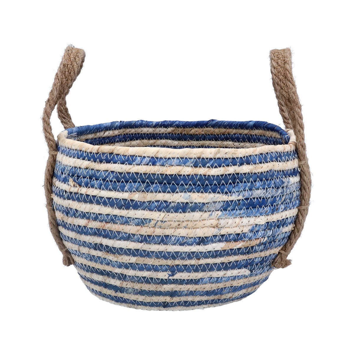Blue Stripe Round Corn Husk Basket Small