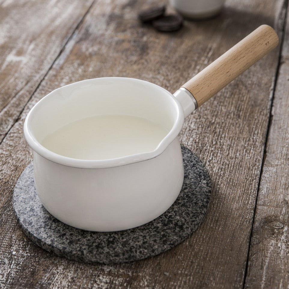Enamel Milk Pan with Wooden Handle - Warm White