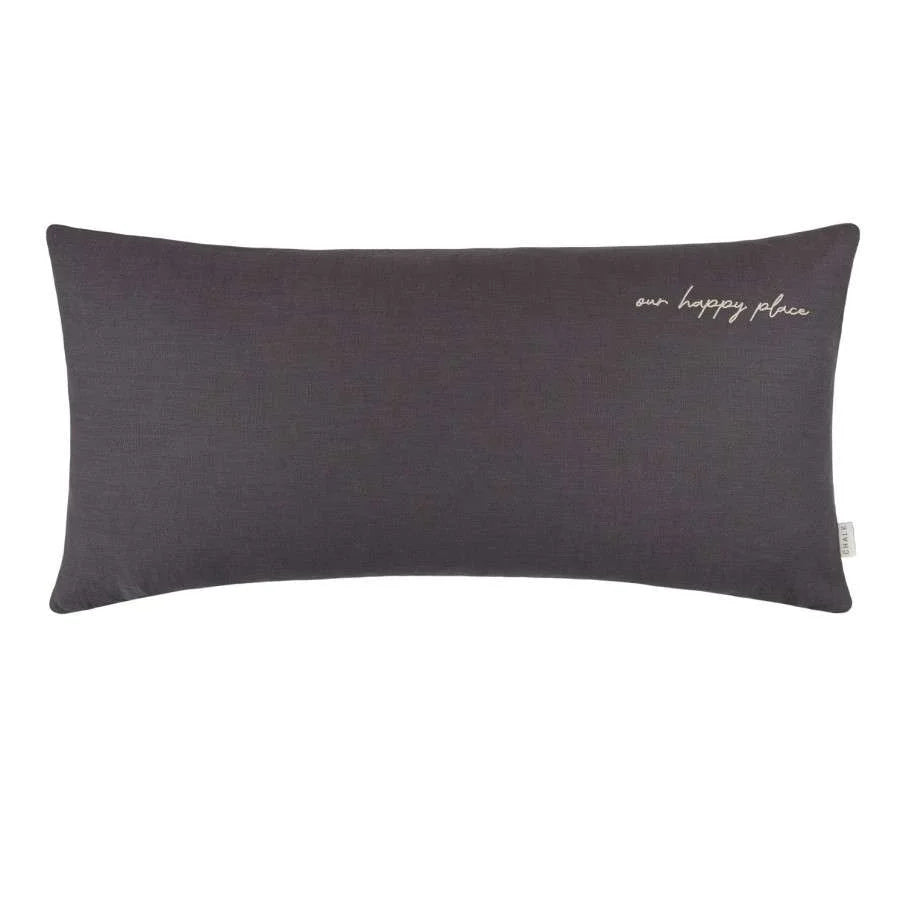 Long Oblong Cushion | Linen | Pewter | Embroidered Our Happy Place