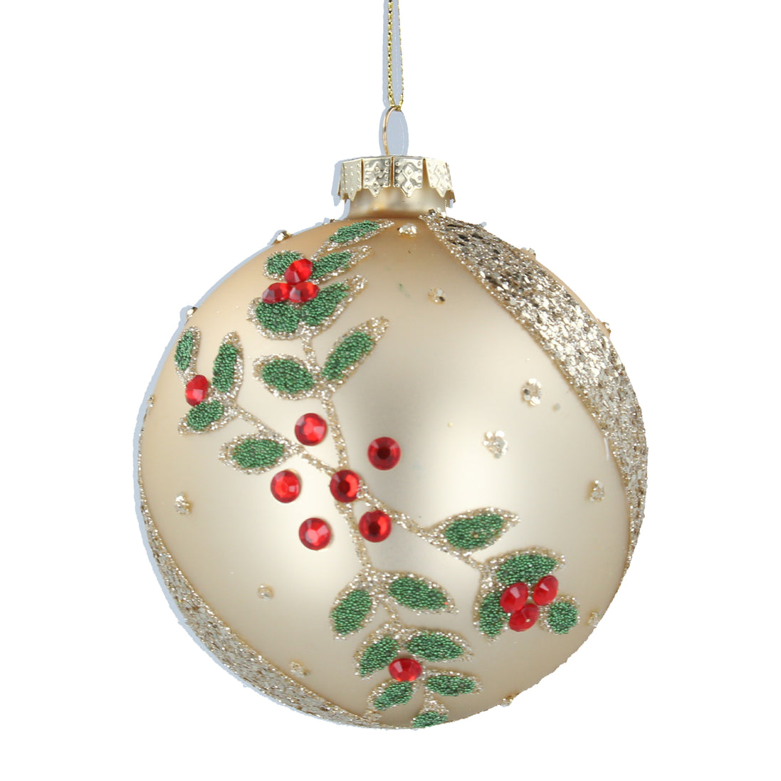 Matte Gold Glass Bauble with Diamante Holly