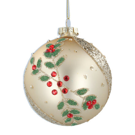 Matte Gold Glass Bauble with Diamante Holly