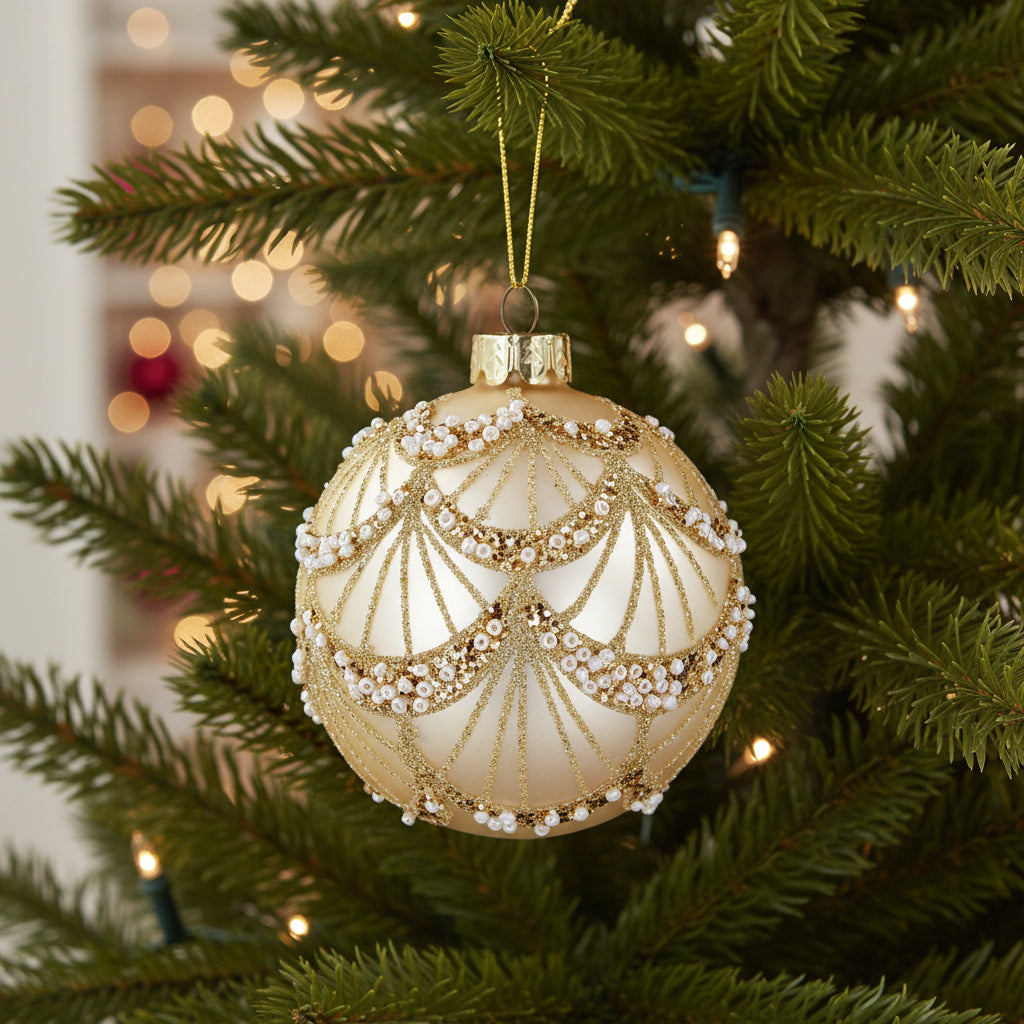 Gold Bauble with Beads - Glass 8cm