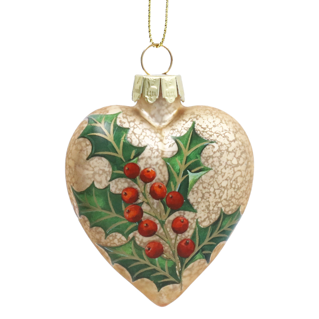 Antique Gold With Holly Glass Heart