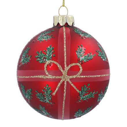 Matte Red Nostalgia Holly With Bow Glass Bauble