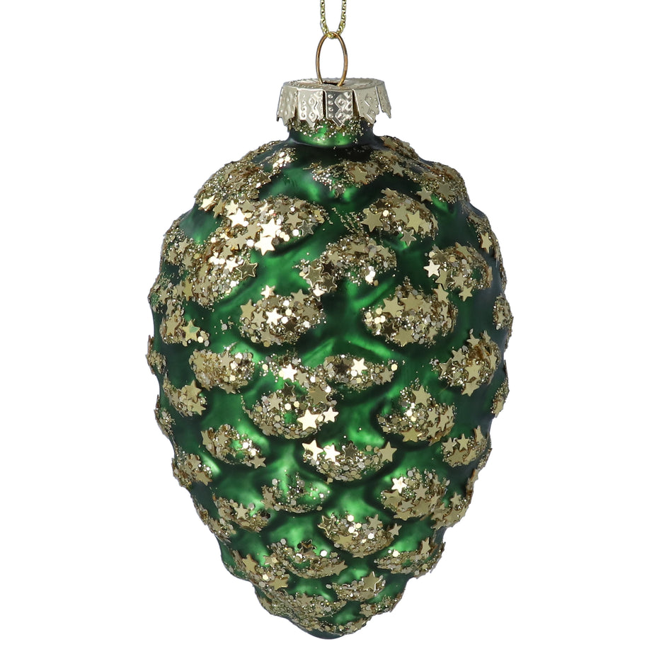Green Glass Pine Cone with Gold Glitter Decoration