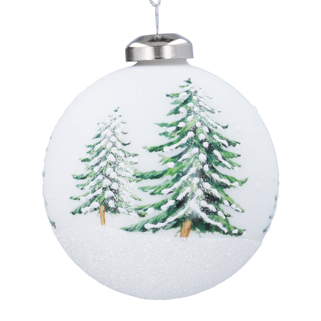 Matte White Glass Bauble with Printed Fir Trees