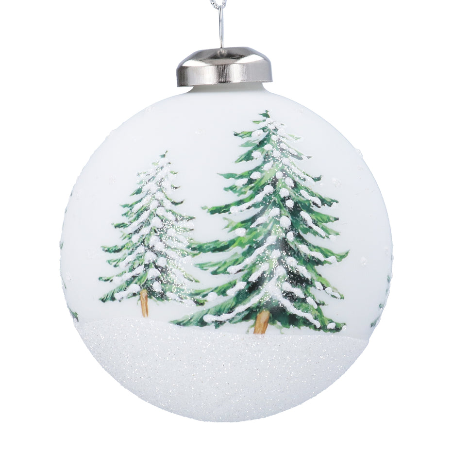 Matte White Glass Bauble with Printed Fir Trees