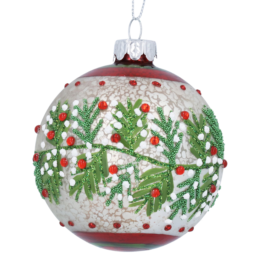 Glass Bauble with Red &amp; White Berries – Antique White