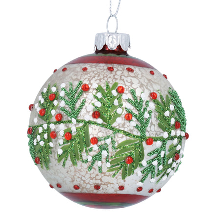 Glass Bauble with Red &amp; White Berries – Antique White