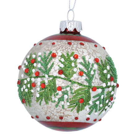 Glass Bauble with Red &amp; White Berries – Antique White