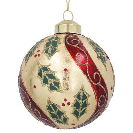 Gold Foil Glass Bauble With Red Swirls & Holly