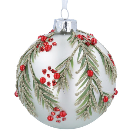 White Glass Bauble With Red Berry Spray