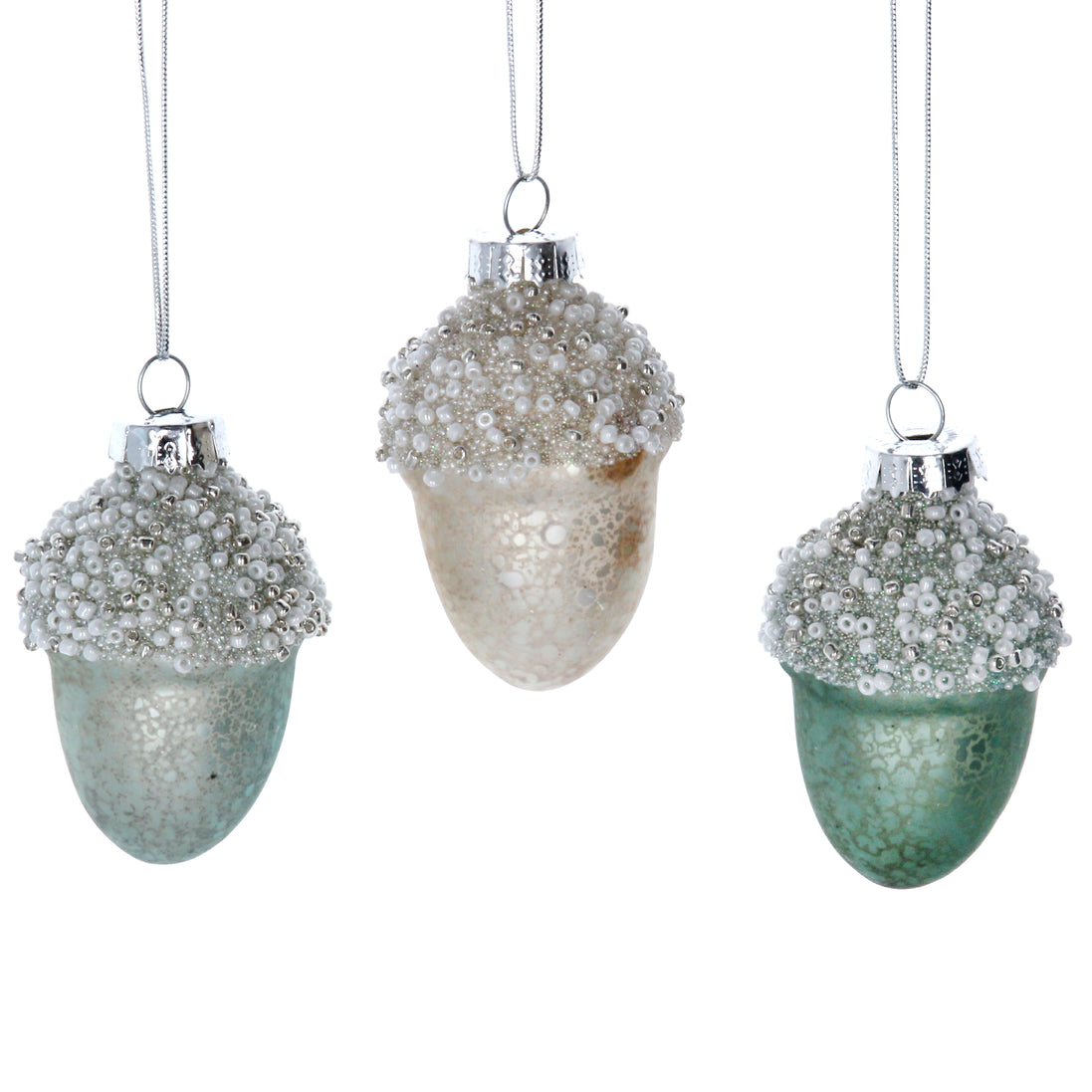 Pastel Glass Acorn With Beaded Top Decoration, 3 Assorted