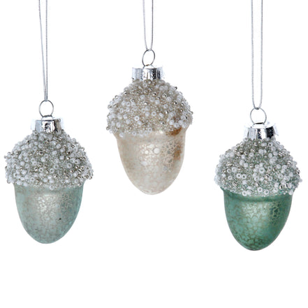Pastel Glass Acorn With Beaded Top Decoration, 3 Assorted