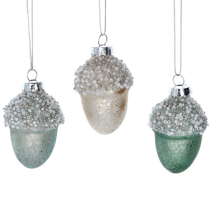 Pastel Glass Acorn With Beaded Top Decoration, 3 Assorted