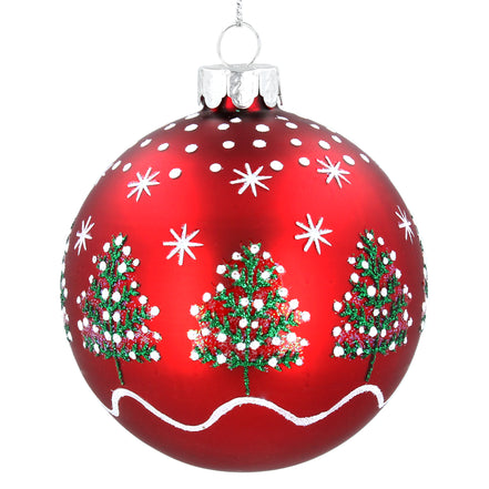 Christmas Trees & Stars Glass Bauble - Matte Red