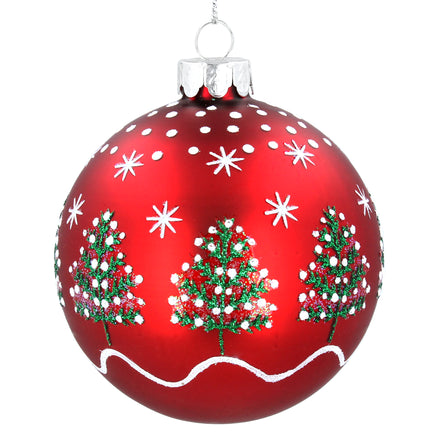Christmas Trees & Stars Glass Bauble - Matte Red