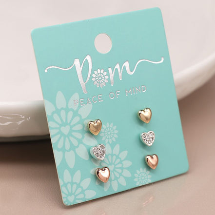 Gold/Silver Set of three Heart Stud Earrings