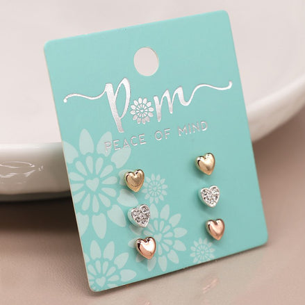 Gold/Silver Set of three Heart Stud Earrings
