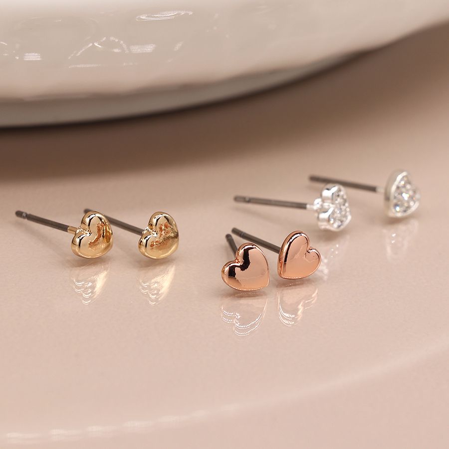 Gold/Silver Set of three Heart Stud Earrings