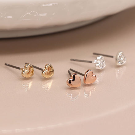 Gold/Silver Set of three Heart Stud Earrings