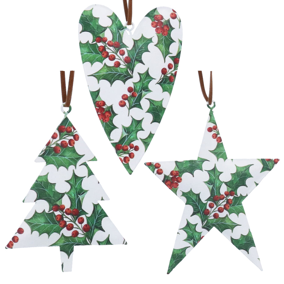 Holly Tin Heart, Tree & Star Decoration – 3 Assorted