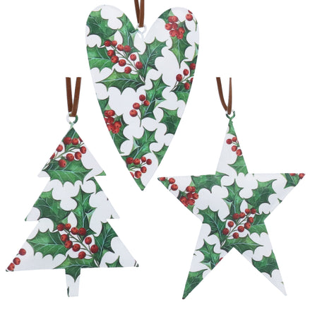 Holly Tin Heart, Tree & Star Decoration – 3 Assorted