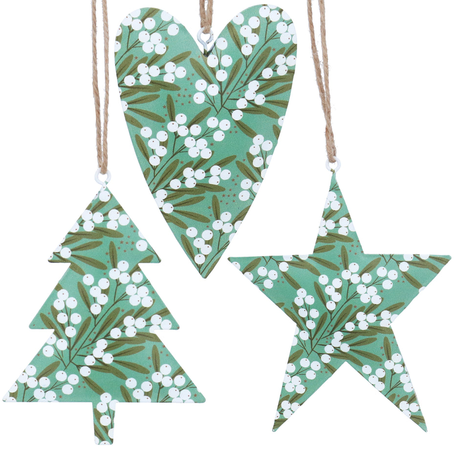 Mistletoe Green Tree, Heart & Star Tin Decoration – 3 Assorted