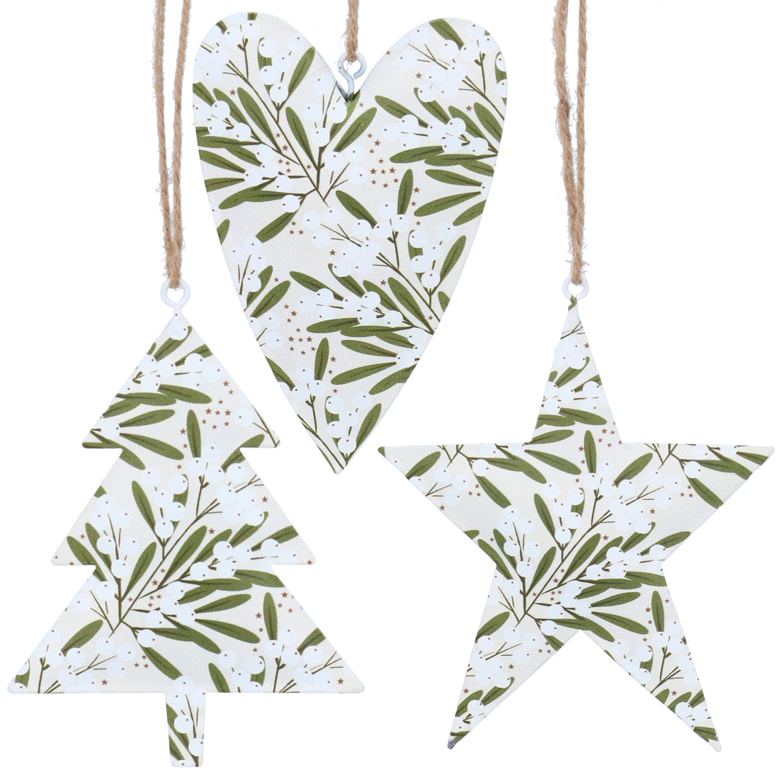 Mistletoe Ivory Tree, Heart &amp; Star Tin Decoration – 3 Assorted
