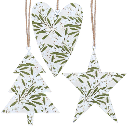 Mistletoe Ivory Tree, Heart &amp; Star Tin Decoration – 3 Assorted
