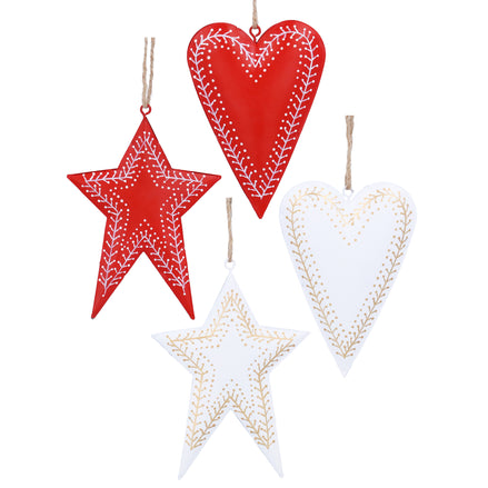 Red/White Metal Star/Heart Decoration - 4 Assorted
