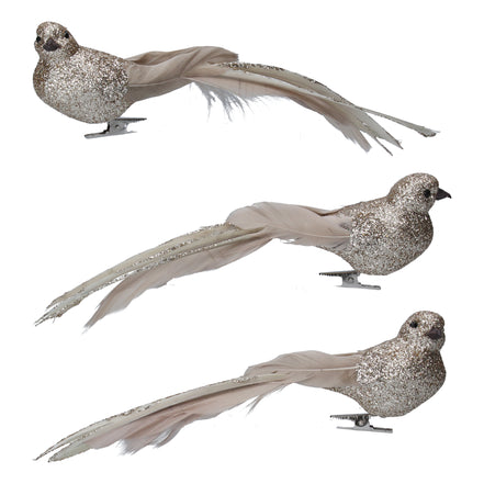 Pale Gold Glitter/Feather Bird Clip 3as