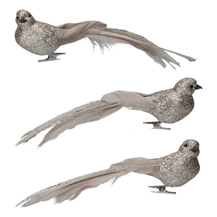 Pale Gold Glitter/Feather Bird Clip 3as