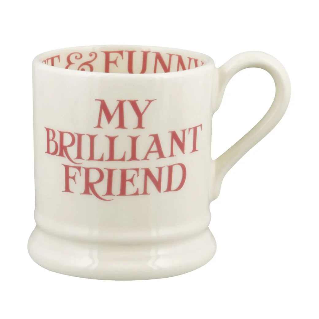 White mug with red text 'My Brilliant Friend' on a white background