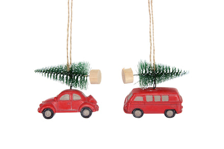 Resin Red Car With Fir Tree Hanging Decoration - 2 Assorted