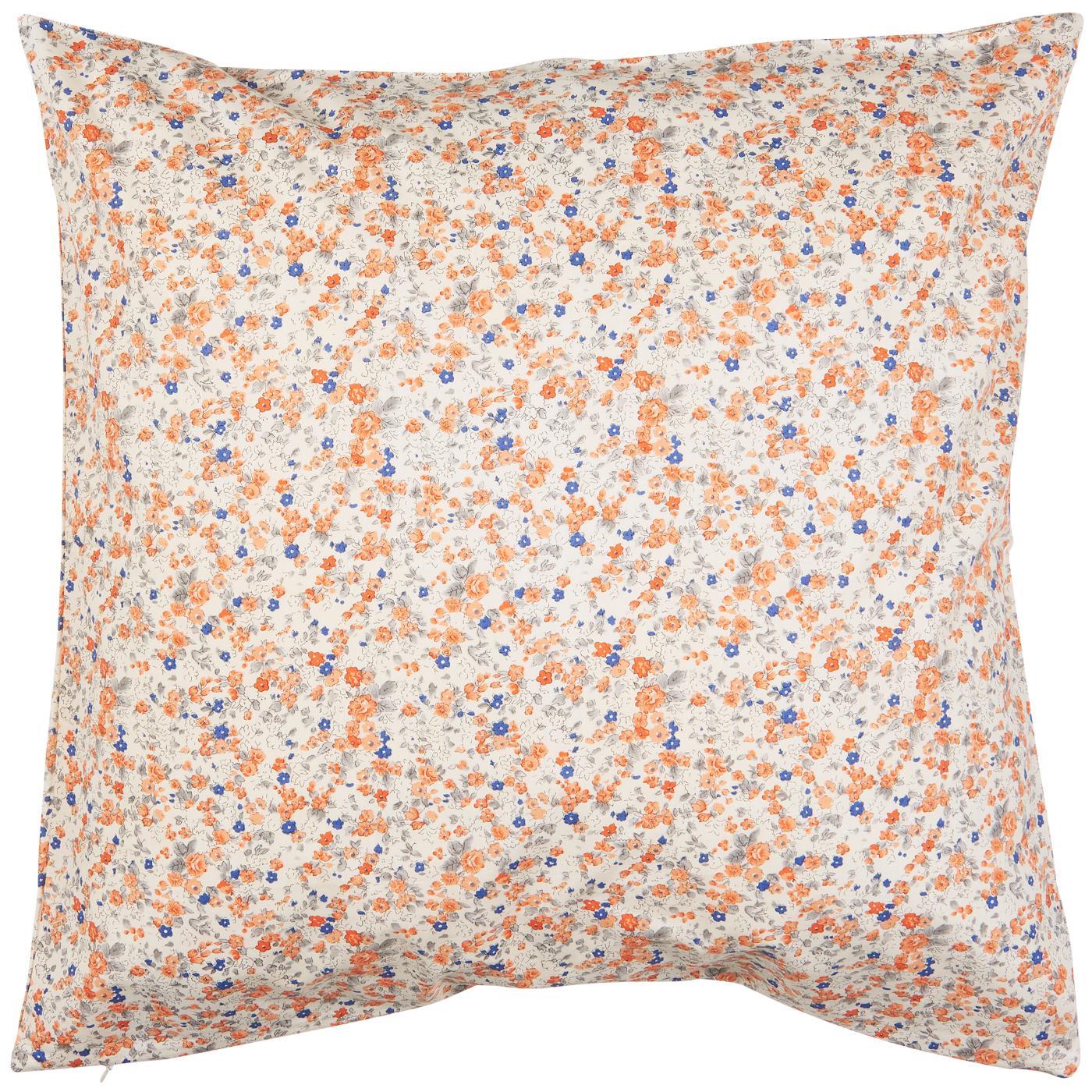 Orange and Blue Flowered Cotton Cushion