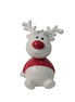 Ceramic reindeer figurine with a red nose and sweater on a white background