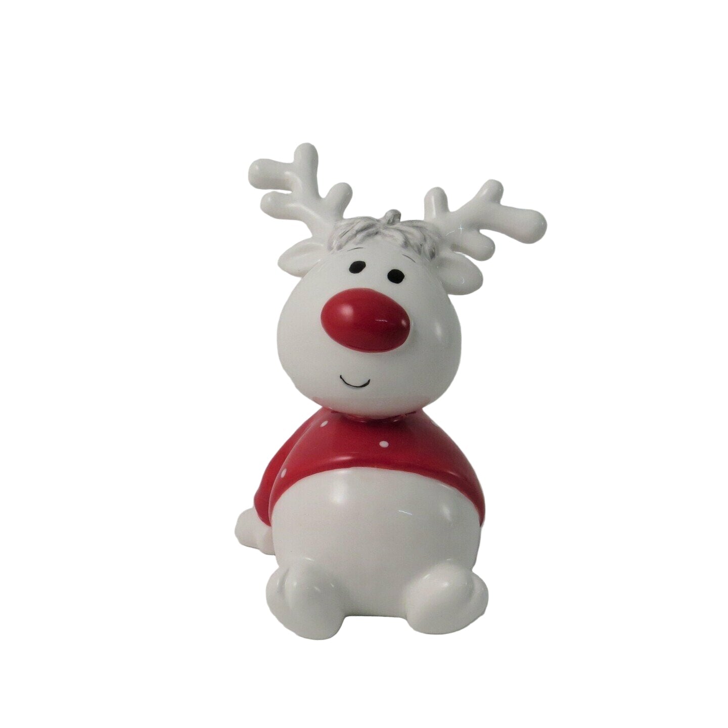 Ceramic reindeer figurine with a red nose and sweater on a white background