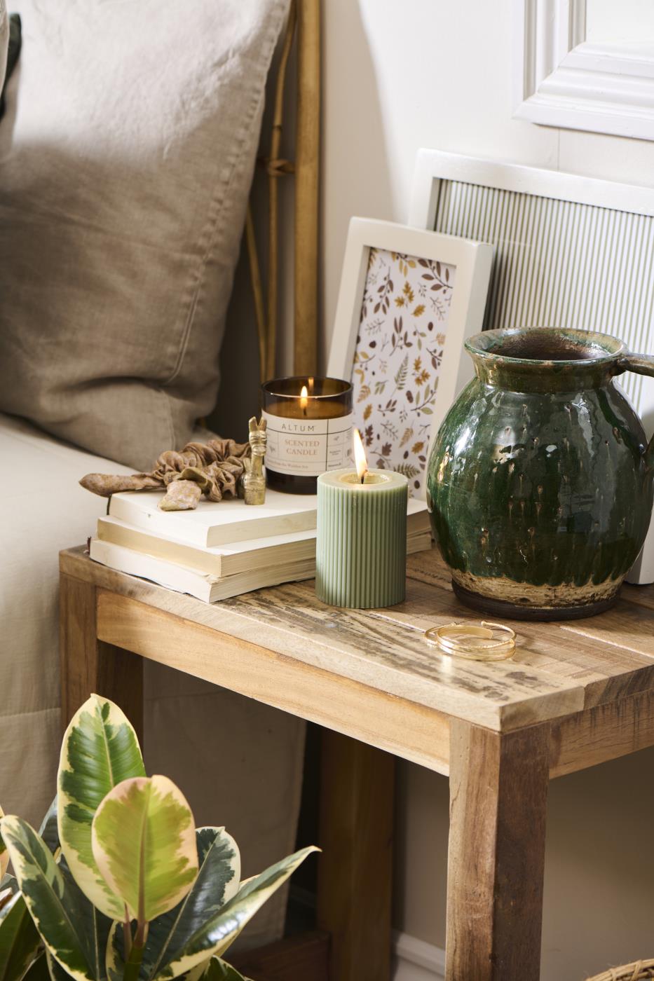 Pillar candle grooved paraffin dusty green