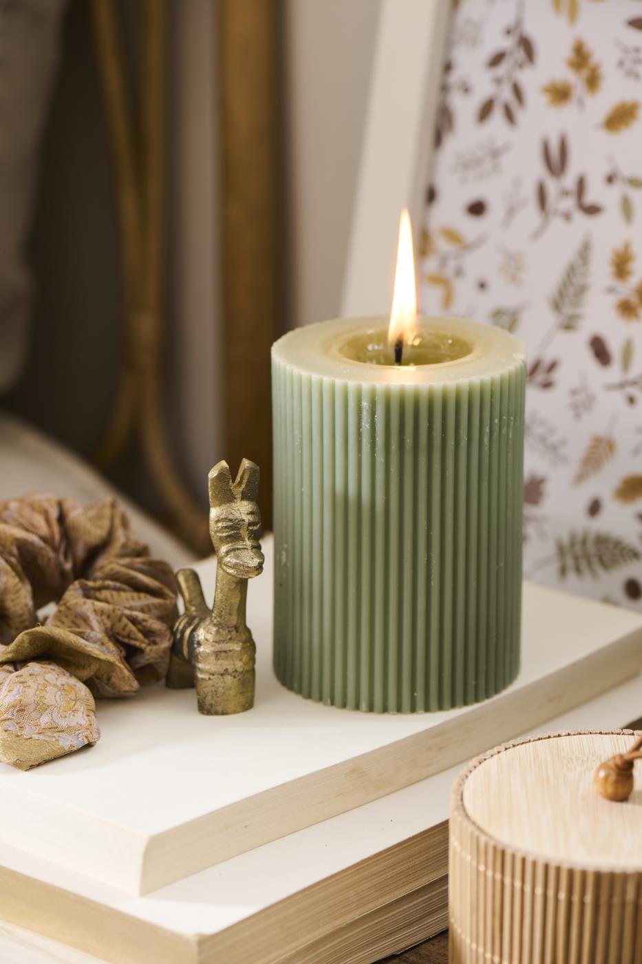 Pillar candle grooved paraffin dusty green