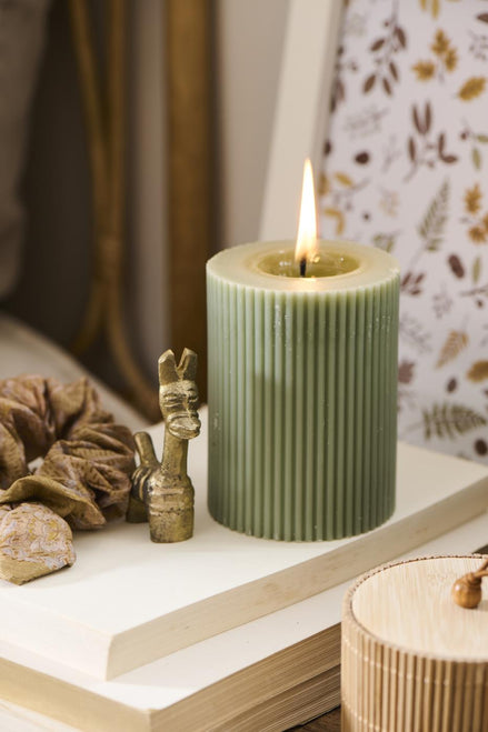 Pillar candle grooved paraffin dusty green