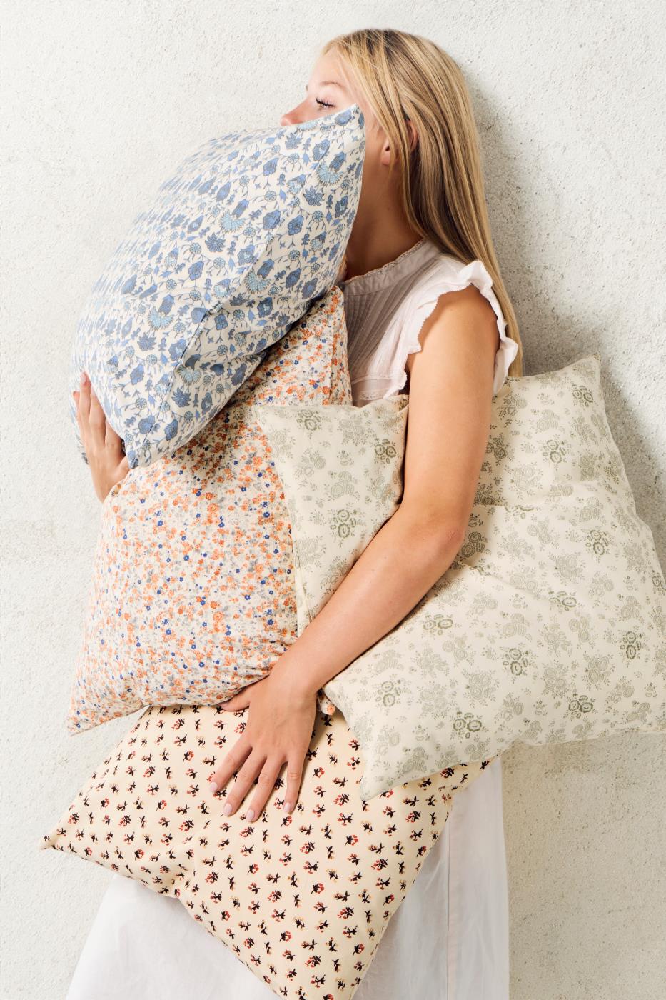 Orange and Blue Flowered Cotton Cushion