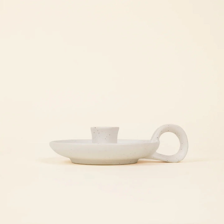 White Speckle 1/2" Candle Holder with Handle