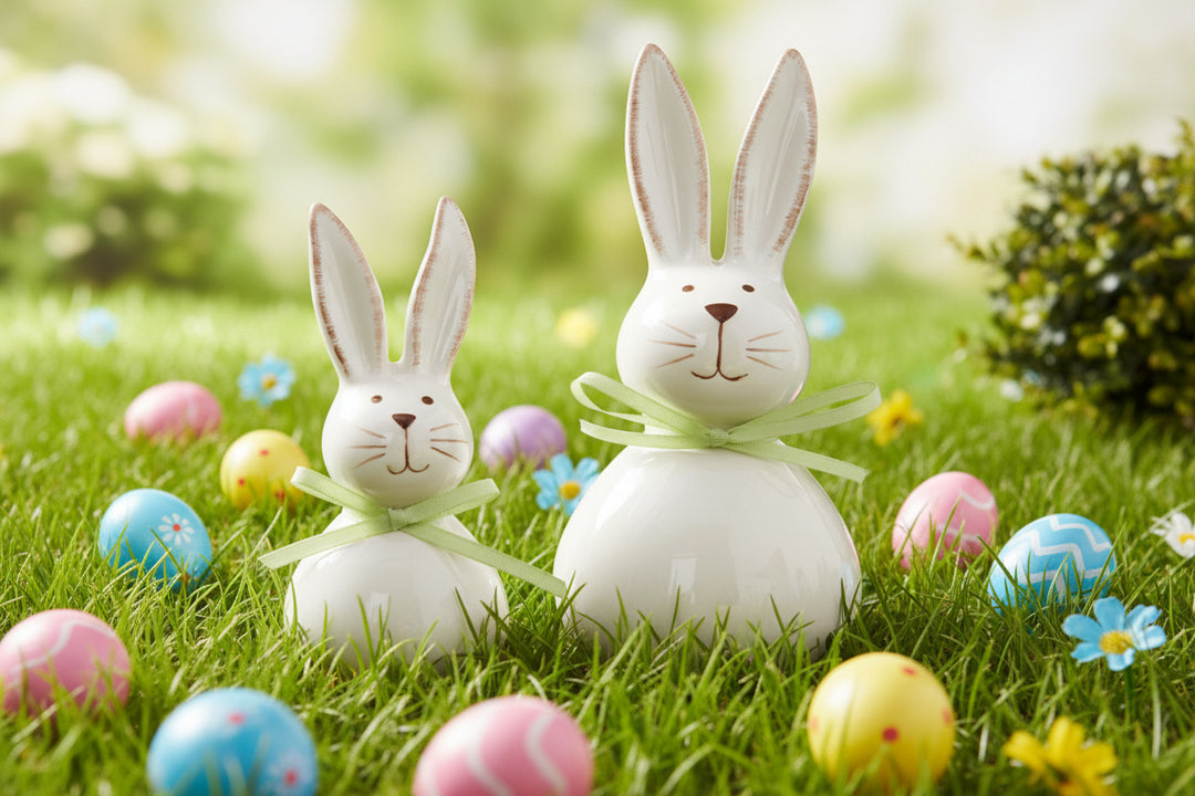 Two white ceramic bunny figures with green bows on grass