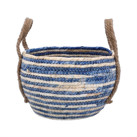 Blue Stripe Round Corn Husk Basket - Small