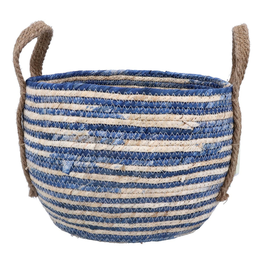 Blue Stripe Round Corn Husk Basket - Medium