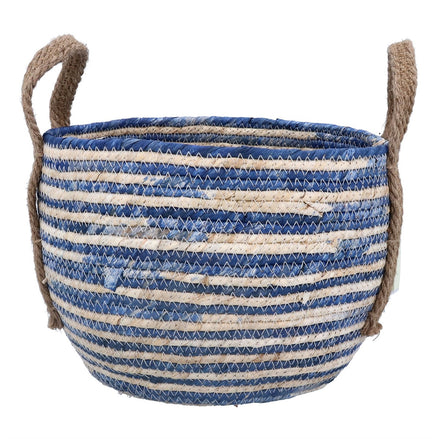 Blue Stripe Round Corn Husk Basket - Medium