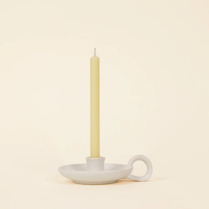 White Speckle 1/2" Candle Holder with Handle