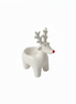 Two white ceramic t-light holders in the shape of reindeer with red noses.