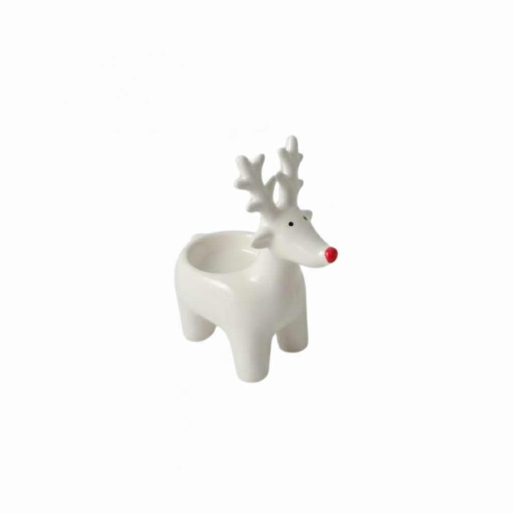 Two white ceramic t-light holders in the shape of reindeer with red noses.